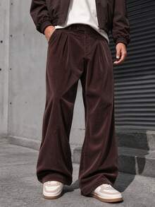 Men's Corduroy Wide Leg Pants, Comfortable Casual Loose Fit Solid Color Versatile Long Pants, Suitable For Spring And Autumn, Street Style, Business Casual Men's Pants - Coffee Brown - View 7
