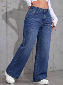 Plus Size High Waist Loose Straight Leg Jeans For Women, Fall/Winter Non-Stretch Casual Washed Denim Pants Boyfriend Fit For A Vintage Y2K Look - Blue - View 9