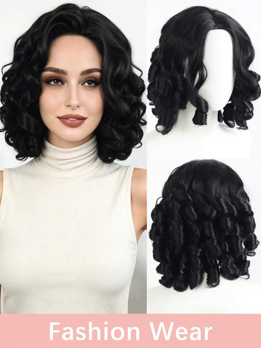 Black Short Curly Bob Wig For Women, Vintage Loose Wave Shoulder Length Synthetic Wig With Side Part, Natural Looking Retro Curly Wig For Daily Party Cosplay Wear