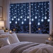 1 Pc 96 LED Drops Star Icicle Lights Curtain String Lights USB Powered Christmas Hanging Decorative Lamp Suitable For Home Bedroom Windows Wall Bar Living Room Party Wedding Christmas Xmas Tree Decor - 96L Five-pointed Star Icicle Light - View 3