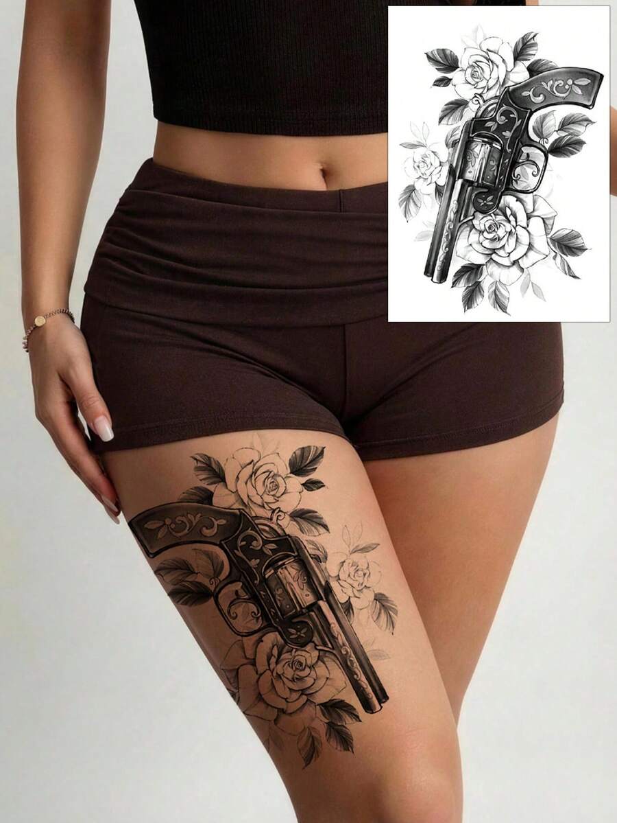 1pc Black Rose Flower Print Temporary Tattoo Sticker, Fashionable Tattoo Sticker For Girls Arm, Leg, Back, Waist, Waterproof And Sweat-Proof, Sexy And Cool Tattoo Sticker, Looks Very Realistic, Easy To Use And Remove, Wedding Music Festival Party Supplies - Black - View 1