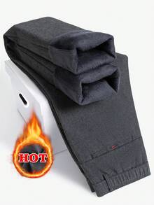 Men's Elastic Waist Slanted Pocket Thermal Lined Warm Casual Long Pants, Autumn/Winter - Dark Grey - View 2