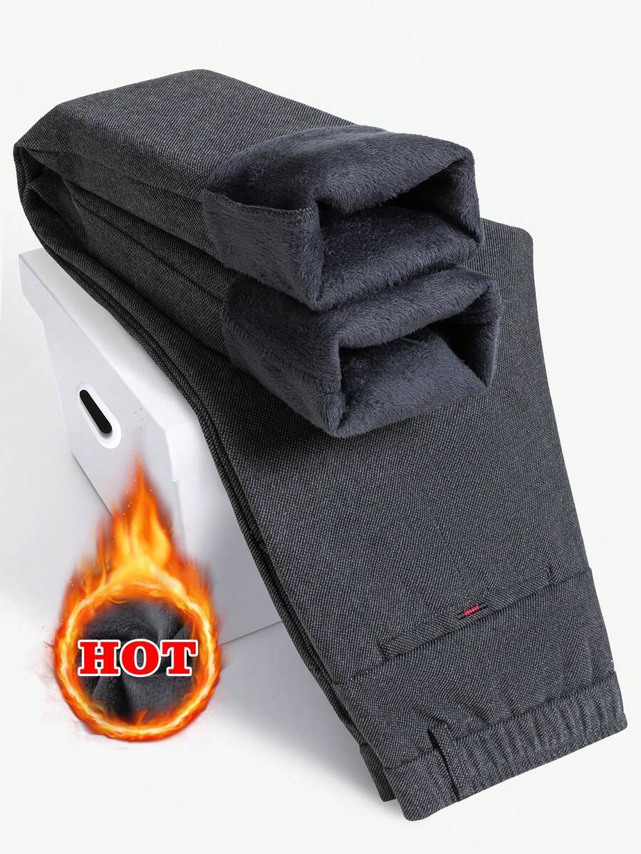 Men's Elastic Waist Slanted Pocket Thermal Lined Warm Casual Long Pants, Autumn/Winter