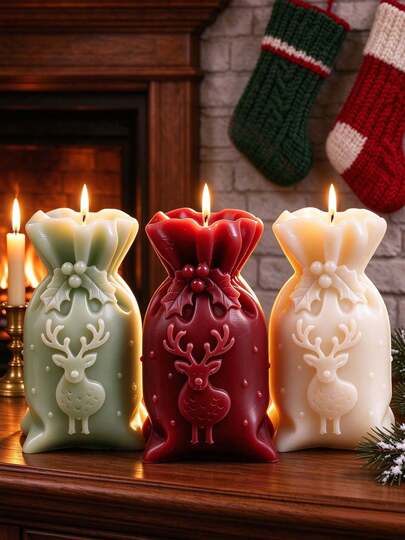 4pcs/1pc Christmas Soy Wax Candle Set, Embossed Reindeer Gift Bag Statue Candle, Reindeer Gift Bag Shaped Candle, Decorative Holiday Table Centerpiece, Christmas Home Decor, Unique Christmas Gift For Women And Families, Perfect For Mantel, Dining Table, Windowsill, Shelf, Christmas Party, Holiday Dinner And Winter Photography, Great Gift Choice For Christmas, Secret Santa, Housewarming, Holiday Exchange, Birthday, Christmas Soy Candle, Decorative Christmas Candle, Reindeer Christmas Candle, Christmas Gift Candle, Holiday Figurine Candle