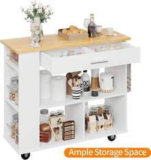 1 Pieza Isla de Cocinaóvil con Ruedas, Carrito de Cocina con Almacenamiento, 1 Cajón, 3 Estantes Abiertos y Estante de Especias Lateral, Diseño Moderno en Blanco para Cocina y Comedor - Albaricoque - Ver 5
