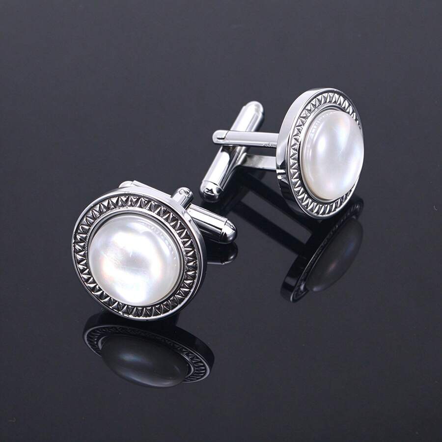 1pc Men's French Cuff Cufflinks, Metal Cufflinks With Faux Mother Of Pearl Gemstone, Business Style, Versatile And Stylish Couple Cufflinks - Multicolor - View 1