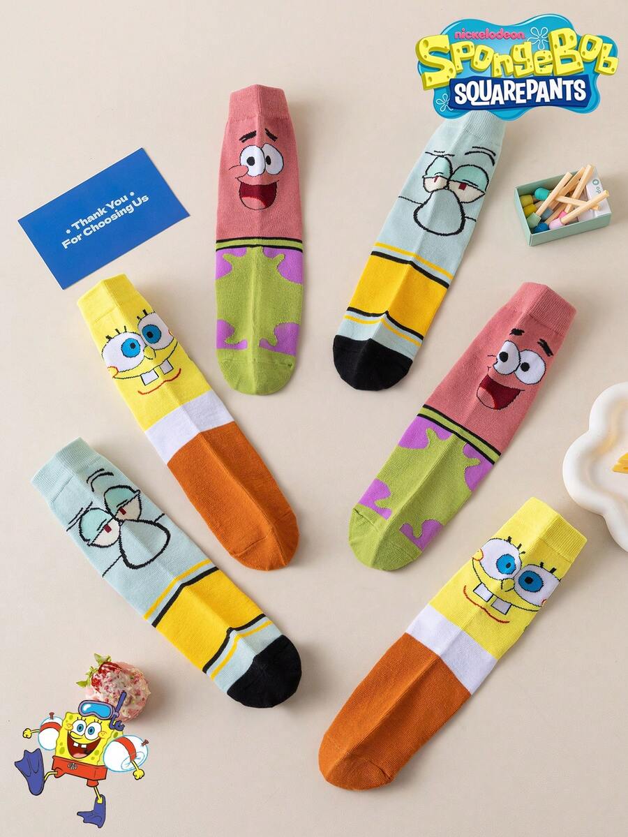 SpongeBob SquarePants 6/3/1 Pair SquarePants Men's Socks, Funny Cartoon Mid-Calf Socks, Winter - Multicolor - View 1