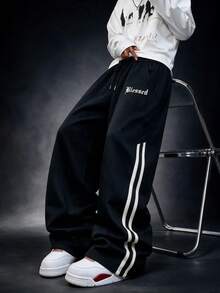 SU ER Men's Summer Casual Drawstring Elastic Waist Loose Draped Lazy Wide Leg Long Pants - Black - View 1