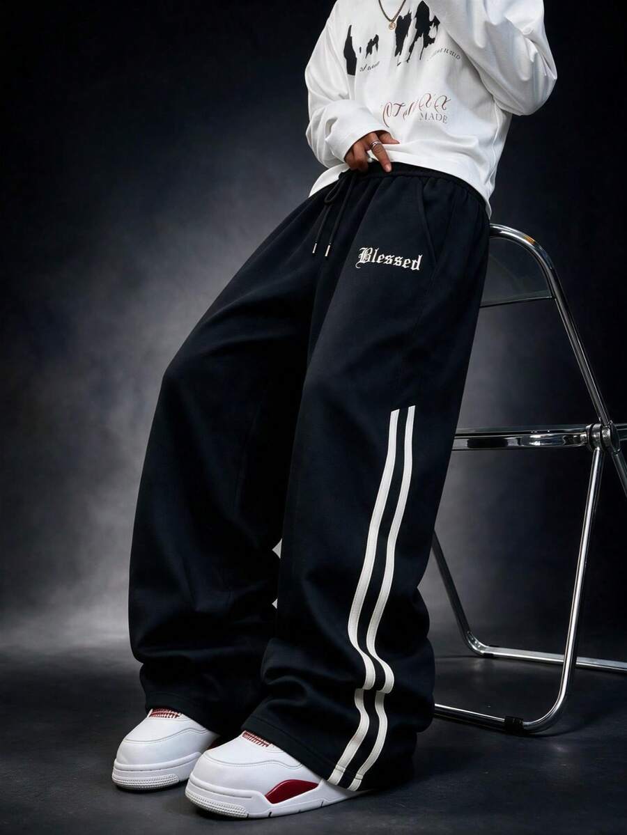 SU ER Men's Summer Casual Drawstring Elastic Waist Loose Draped Lazy Wide Leg Long Pants - Black - View 1