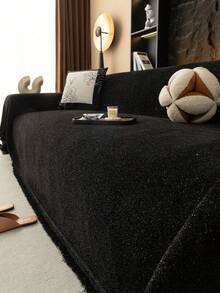 1pc Luxury Beige/Caramel Brown/Black Glitter Chenille Sofa Cover With Tassel Fringe, Shimmer Neutral Tone Couch Throw Blanket, All-Season Pet-Friendly Machine Washable Furniture Protector For Living Room Home Decor - Black - View 1