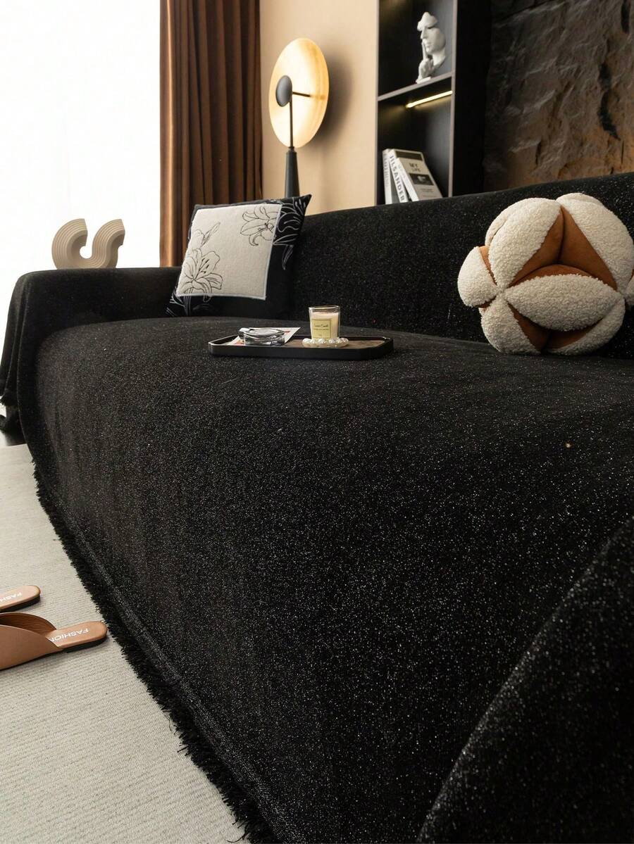 1pc Luxury Beige/Caramel Brown/Black Glitter Chenille Sofa Cover With Tassel Fringe, Shimmer Neutral Tone Couch Throw Blanket, All-Season Pet-Friendly Machine Washable Furniture Protector For Living Room Home Decor - Black - View 1