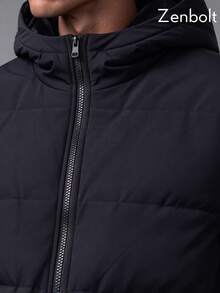 ZenBolt Men's Minimalist Classic Black Hooded Quilted Zip-Up Jacket, Fleece Lining, Large Flap Pockets, Stitching Detail Design, Winter - Navy Blue - View 5