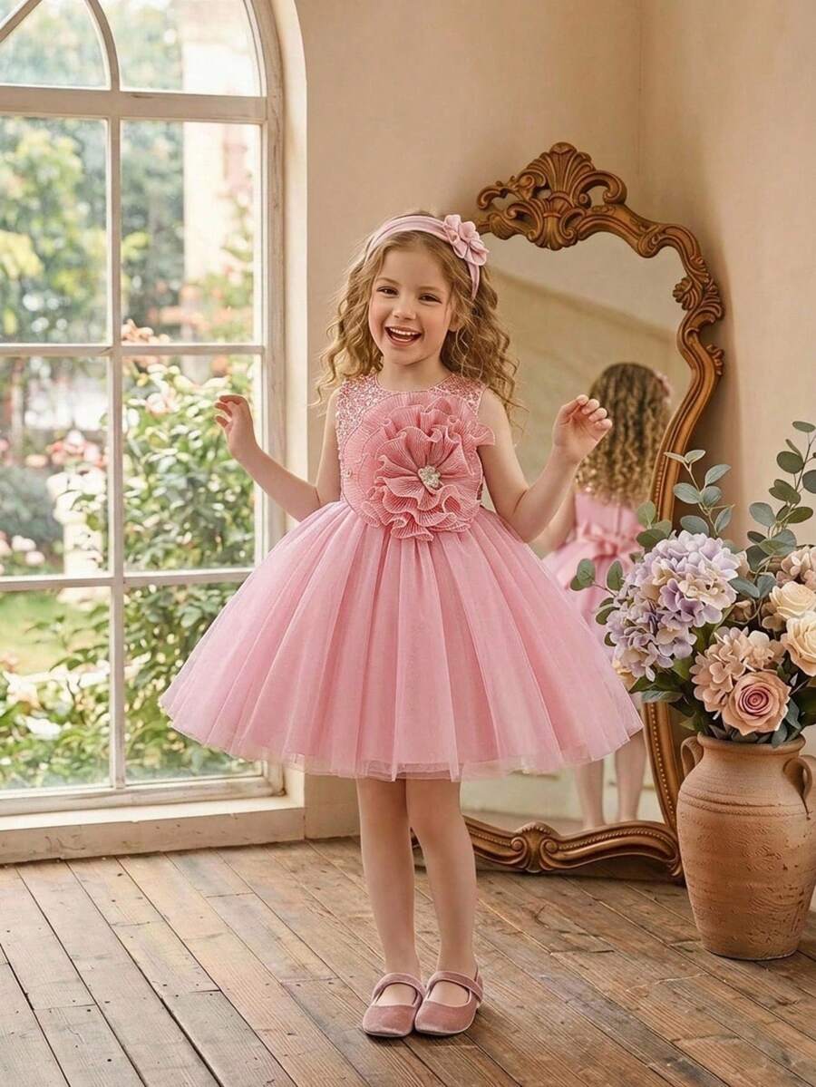 Gaun Malam Elegan Model Putri dengan Kerah Bulat dan Bordir Bunga 3D dari Jala untuk Anak Perempuan, Cocok untuk Pesta Ulang Tahun, Bando Tidak Termasuk - Dusty Pink - View 1