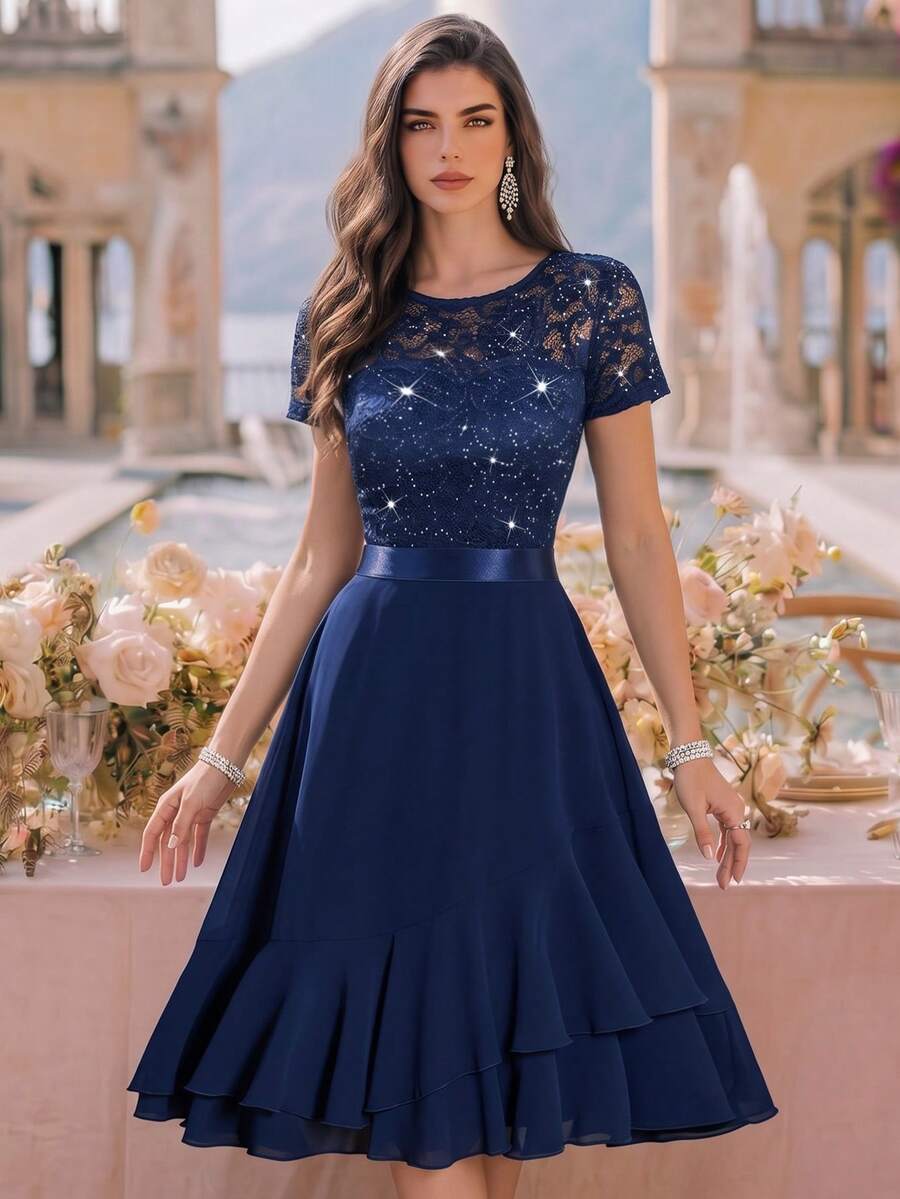 MIUSOL Vestido de fiesta de línea A con cuello redondo, encaje floral con lentejuelas, gasa y dobladillo asimétrico con volantes