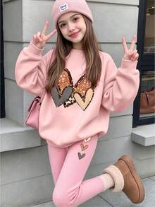 Set 2pcs/Set Sweatshirt Leher Bulat dan Legging untuk Anak Perempuan, Sweatshirt Leher Bulat Motif Hati Tiga Warna + Legging, Cocok untuk Musim Gugur/Dingin, Gaya Kampus, Pakaian Acara Pulang Kampung - MultiWarna - View 1