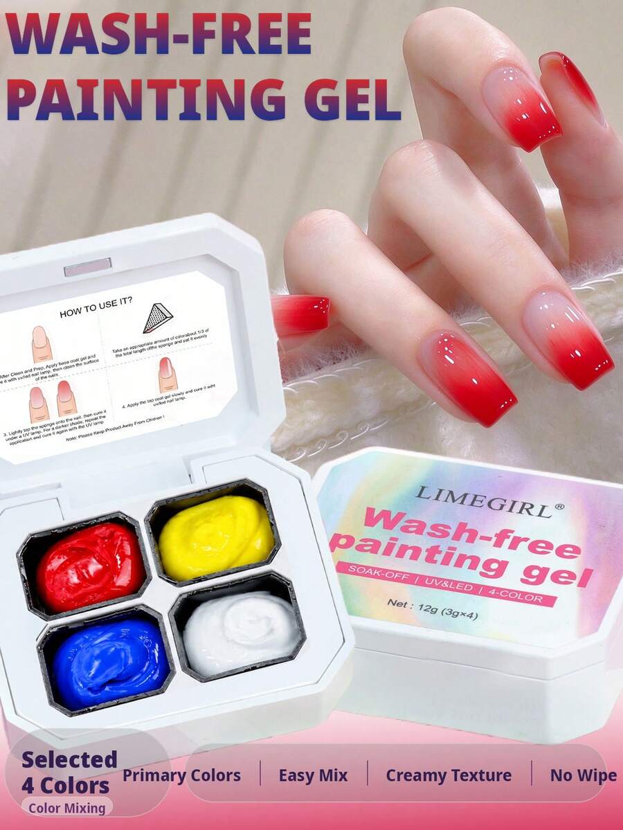 LIMEGIRL 4-Color No-Wash Painting Gel, Original Color Mixing Nail Gel Set, Creamy Texture Gradient, Gradient Color And DIY Nail Gel, UV/LED Soak-Off Nail Gel