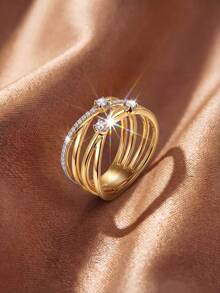 1pc Cross Line Ring, Inlaid With Sparkling Zirconia, Unisex, Suitable For Daily Wear Or Party Accessory. High-Quality Ring, Exquisite Jewelry, Perfect Gift. - Intersecting Lines - View 4