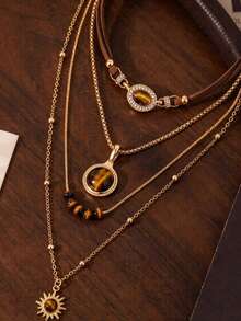 1 Set Multi-Layer Stackable Maillard Style Tiger Eye Stone Sun Pendant Necklace Set, Suitable For Women's Daily And Party Wear - Brown - View 7