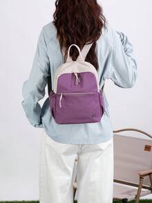Man Color Block Backpack Lightweight Waterproof Daypack For Commute & Shopping Contrast Purple Beige Drawstring Detail - Multicolor - View 9