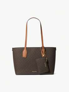 Michael Kors MK Charlie Logo 中號托特包附小拉鍊收納包錢包組，女款休閒通勤手提肩背包，時尚禮品包 - 黑棕色 - 查看 3