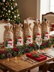 2/1pc Christmas Wine Bottle Bag With Snowman Print, Faux Linen Drawstring Wine Gift Bags For Holiday Dinner Table Decor And Festive Party Gift Wrapping - Multicolor - View 6