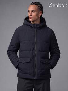 ZenBolt Men's Minimalist Classic Black Hooded Quilted Zip-Up Jacket, Fleece Lining, Large Flap Pockets, Stitching Detail Design, Winter - Navy Blue - View 4