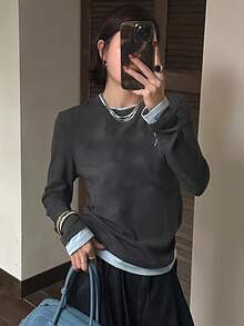Women's Gray Fashion Layered Style Round Neck Long Sleeve T-Shirt, Asymmetrical Hem Design, Casual Streetwear Essential - Grey - View 1