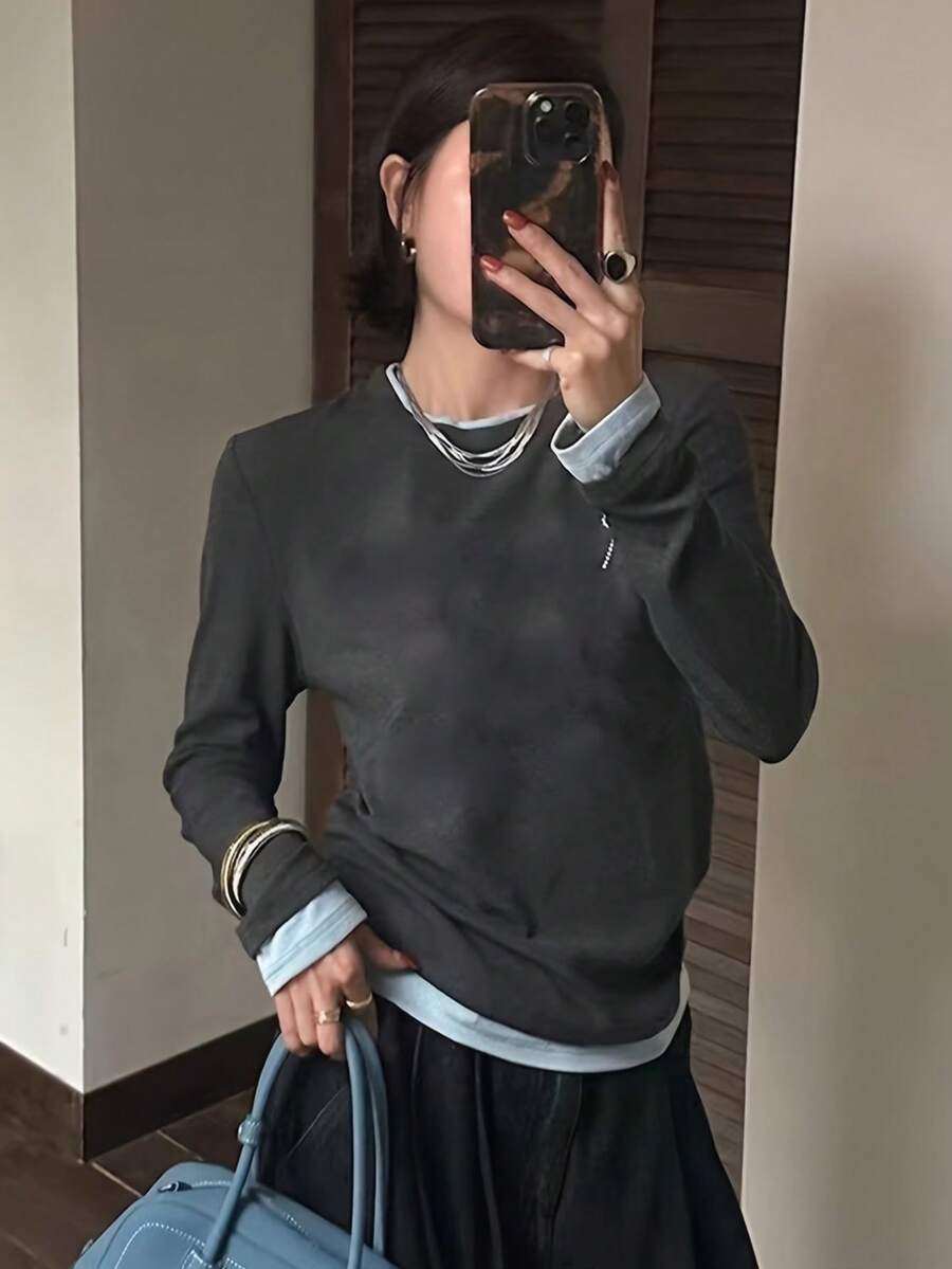 Women's Gray Fashion Layered Style Round Neck Long Sleeve T-Shirt, Asymmetrical Hem Design, Casual Streetwear Essential - Grey - View 1