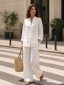Women's White Non-Stretch 2 Pieces Casual Formal Wide Leg Pants Set, Suitable For Home Leisure, Travel And Vacation - White - View 1