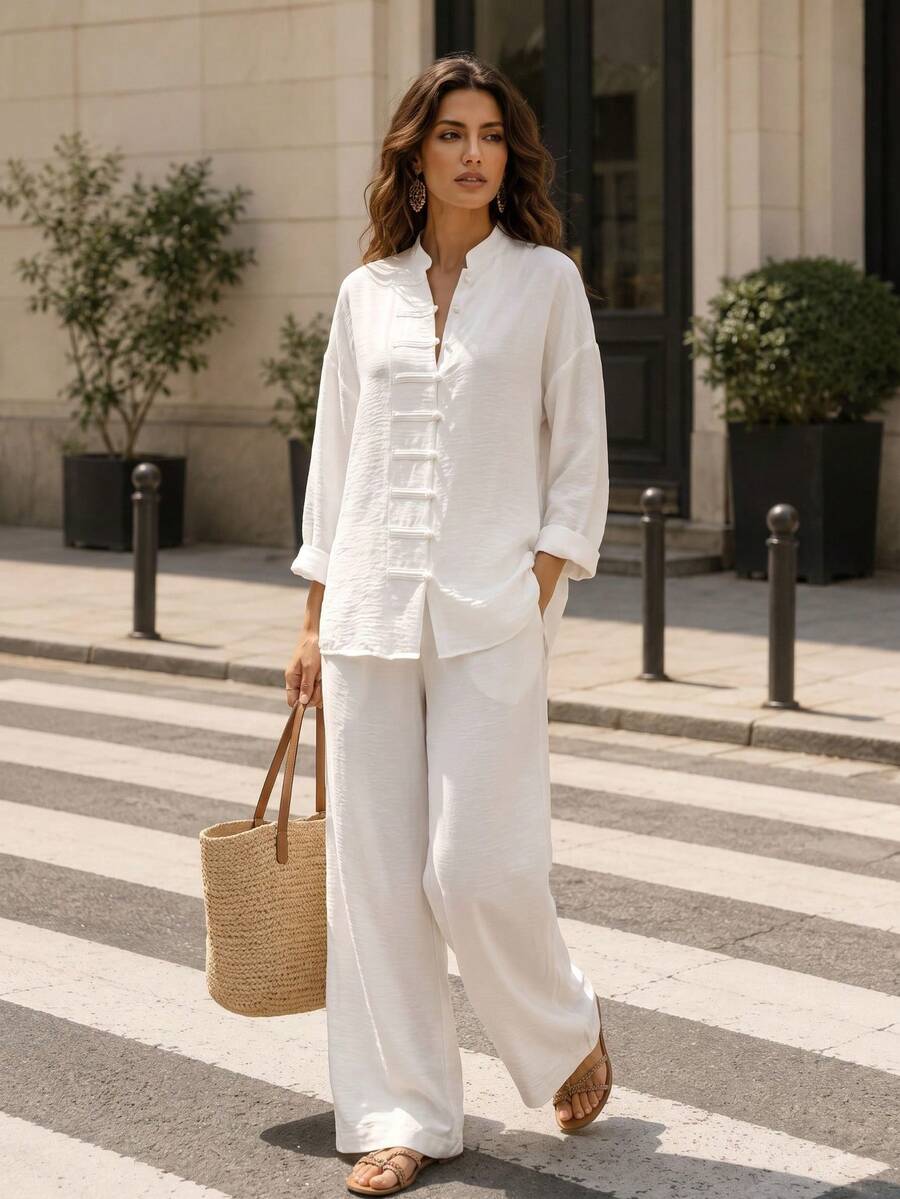 Women's White Non-Stretch 2 Pieces Casual Formal Wide Leg Pants Set, Suitable For Home Leisure, Travel And Vacation - White - View 1