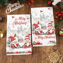 2pcs/Set, 18x26in Christmas Gnome & Red Flower Pattern Towel Set, Quick Dry Kitchen Cleaning Cloth, Soft Absorbent Towel Set, Kitchen Decor, Home Decor, Christmas Decoration, Christmas Gift For Friends. - White - View 2