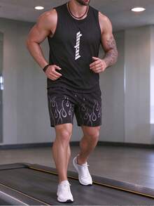 Men's Letter Print Crew Neck Raglan Sleeveless Tank Top And Shorts Set, Casual Summer Fitness Muscle Outfit, Versatile Minimalist Sportswear, Suitable For Outdoor Wear - Black - View 1