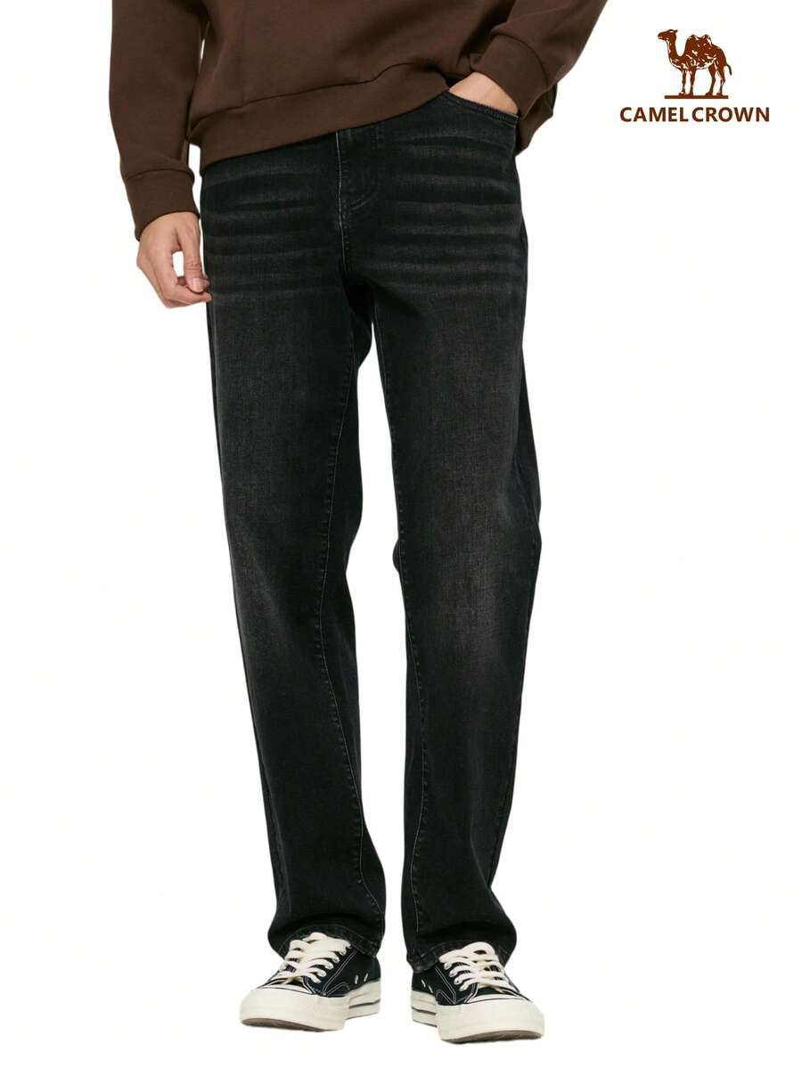 CAMEL CROWN Men's Vintage Washed Straight Leg Denim Jeans, Fashionable Comfortable Cotton-Feel Outdoor Long Pants - Black - View 1