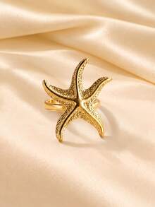 Gold Starfish Open Ring For Women, Summer Beach Vacation Style Fashion Personalized Ring, Versatile Luxury Jewelry Accessory, Gift - Gold - View 5