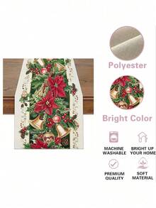 1PC Festive Charm, Christmas Cheer Table Runner - Red Flowers, Bells & Tree Design | Polyester, Rectangular | Ideal For Holiday Decor, Family Gatherings & Kitchen Festivities - Ginger - View 7