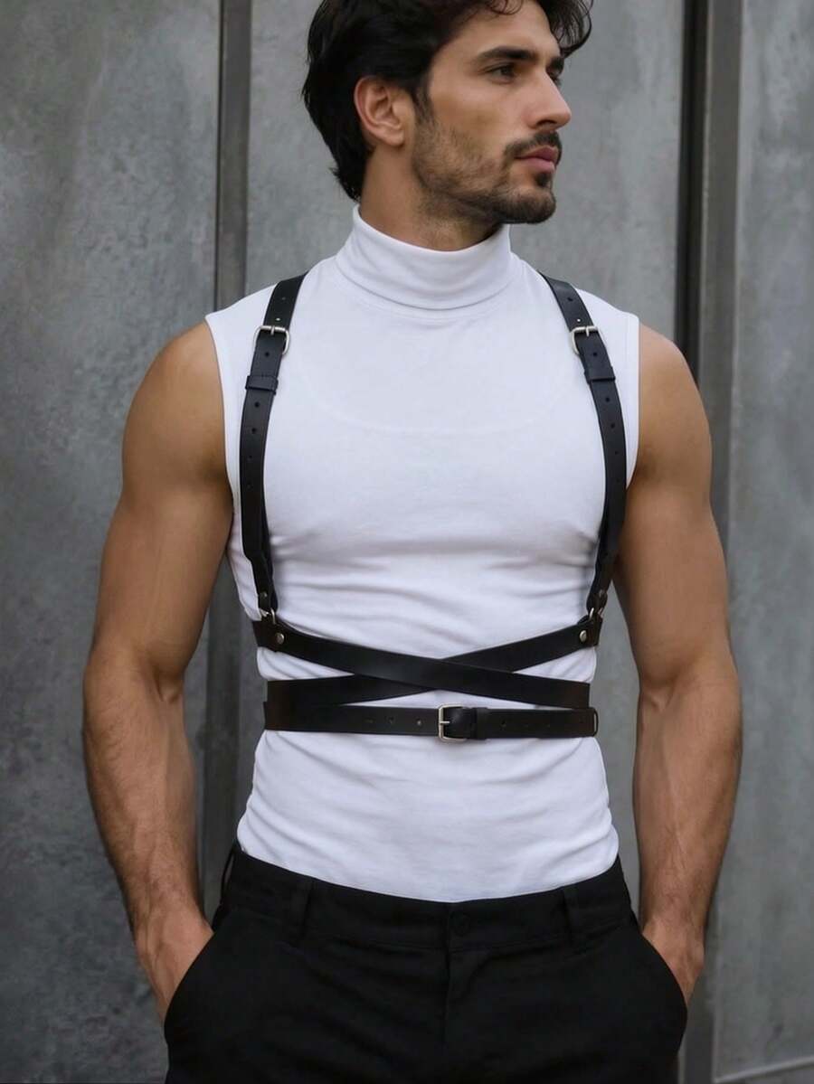1PC Black PU Leather Full Body Harness For Men X-Cross Front Shoulder Straps O-Ring Waist Belt Adjustable Punk Halloween Party Costume - Black - View 1