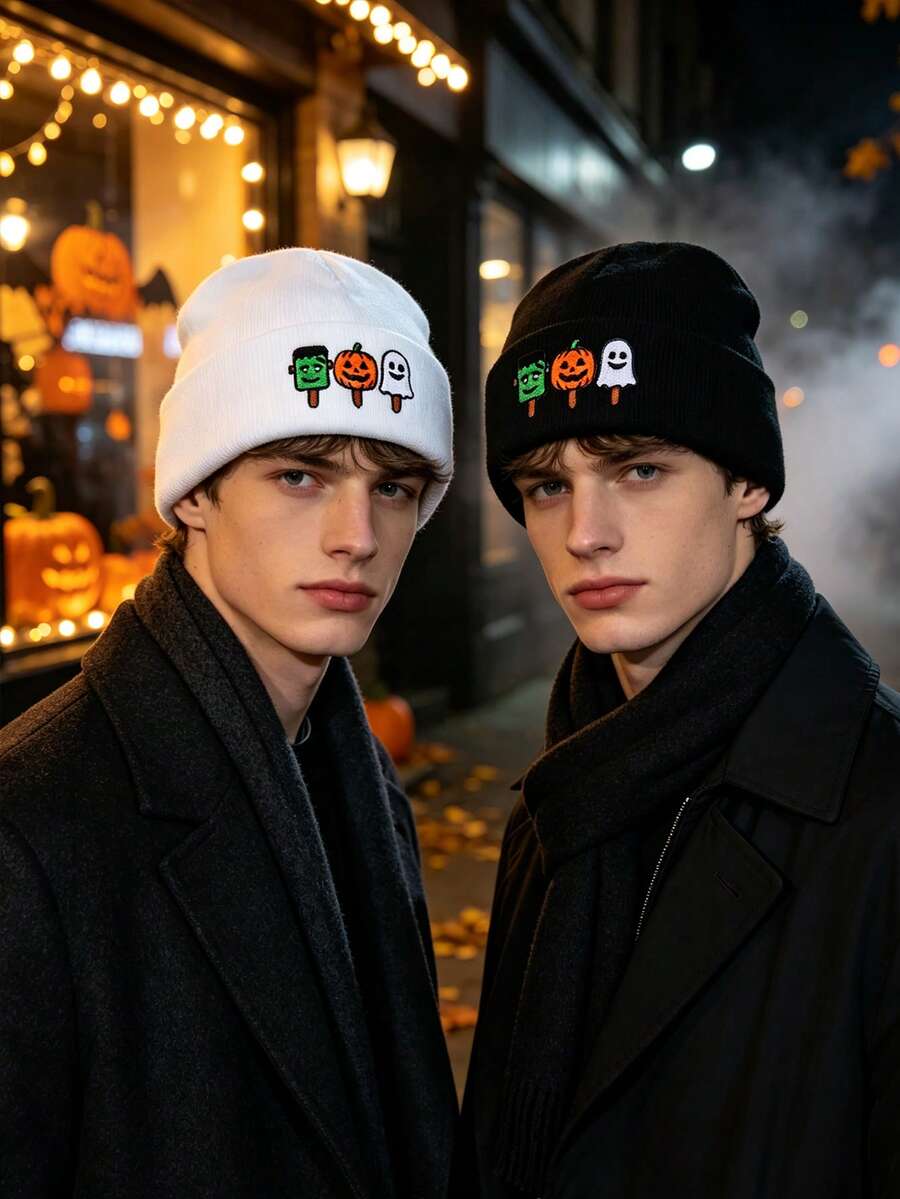 Men's Halloween Embroidered Knit Hat, , Pumpkin, Ghost And Ice Cream Pattern Winter Beanie - A - View 1