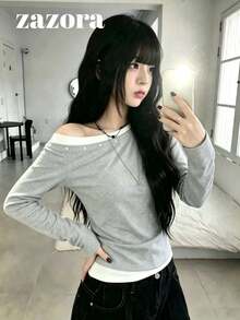 Design Contrast Color 2 In 1 Asymmetric Shoulder Long Sleeve T-Shirt, Sweet Cool Hot Girl Style Versatile Slim Fit Top - Light Grey - View 8