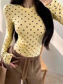 Women's Round Neck Long Sleeve T-Shirt, Spring/Autumn New Fashion Polka Dot Pattern Design, Pure Desire Hot Girl Style, Casual Versatile Slim Fit Cropped Top, Suitable For Daily Wear - Yellow - View 5