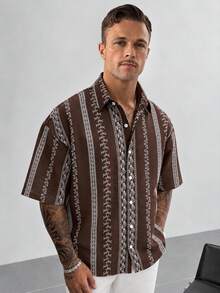 Men's Casual Vacation Vine Print Shirt - Brown - View 1