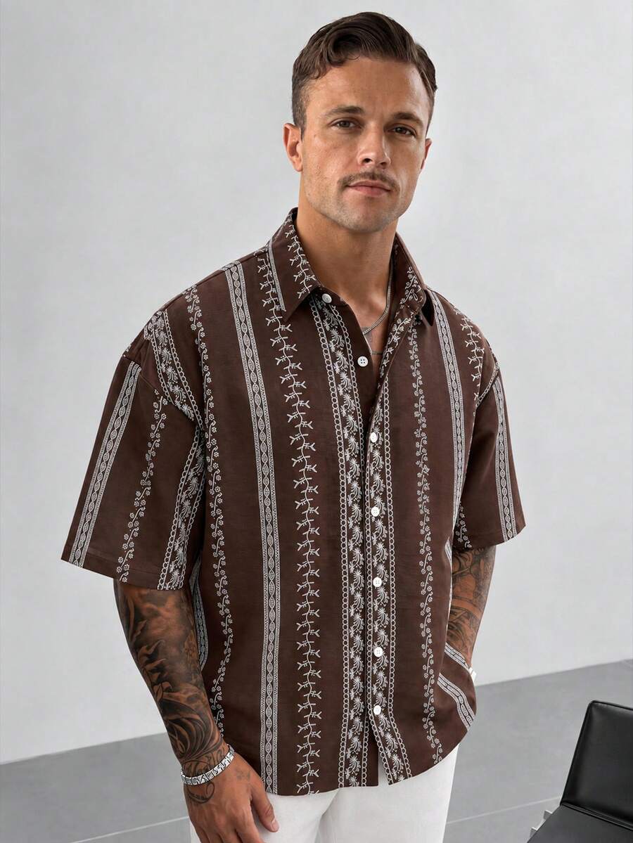 Men's Casual Vacation Vine Print Shirt - Brown - View 1