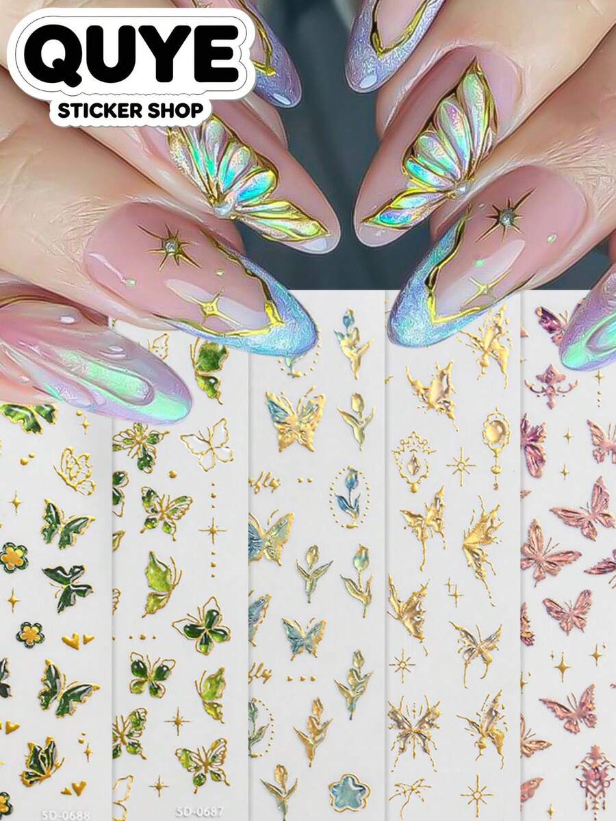 1Set Decorative Stickers, Forest Style Golden Outline Green Butterfly Pattern, Sticker, For Surface Embellishment On Daily Gadgets And Electronic Accessories - Butterfly Series Stickers - View 1
