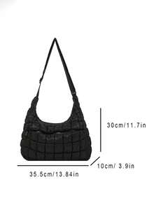 Fully Quilted Ruched Shoulder Bag, Adjustable Wide Strap, Front Zipper Compartment, Zipper Closure, Large Capacity For Books, Water Bottles And Other Personal Items, Minimalist Soft Style, Suitable For Commuting, Travel And Daily Occasions - Black - View 6