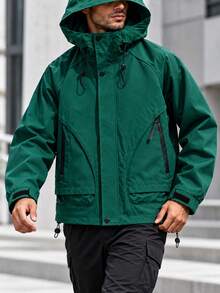 1pc Phantom Green Hooded Techwear Jacket, Men's Loose Fit Lightweight Woven Fabric, Multiple Zipper Pockets, Drawstring Hood, Hook And Loop Cuffs, Adjustable Hem, Outdoor Casual Windproof Jacket, Suitable For Hiking, Camping, Commuting, Autumn Wear - Green - View 3