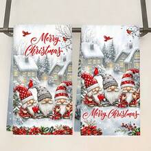 2pcs/Set, 18x26in Christmas Gnome & Red Flower Pattern Towel Set, Quick Dry Kitchen Cleaning Cloth, Soft Absorbent Towel Set, Kitchen Decor, Home Decor, Christmas Decoration, Christmas Gift For Friends. - White - View 9