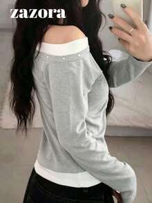 Design Contrast Color 2 In 1 Asymmetric Shoulder Long Sleeve T-Shirt, Sweet Cool Hot Girl Style Versatile Slim Fit Top - Light Grey - View 5