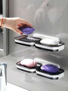 1pc Wall-Mounted Soap Holder, No-Drill Suction Cup Double-Layer Drainage Rack, Bathroom Soap Storage Shelf - Black - View 1