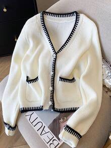 2026 Autumn/Winter New Vintage Street Fashion Elegant Daily French Commute Business Casual Contrast Trim White Cardigan, Winter Sweater Cardigan, Halloween Costume, Pocket Sweater Cardigan, Outing Outfit, Concert Outfit - White - View 2