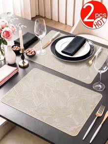 2-12pcs Gold Green Leaf Placemats, PVC Material Minimalist Style Foil Stamping Craft Vase Mat, Table Decor, Washable, Easy To Clean, Wipeable, Non-Slip, Heat Resistant, Table Mat, Suitable For Room Decoration, Home Table Decoration, Home Decor, Holiday, Party, Birthday, Wedding And Dinner - Multicolor - View 12