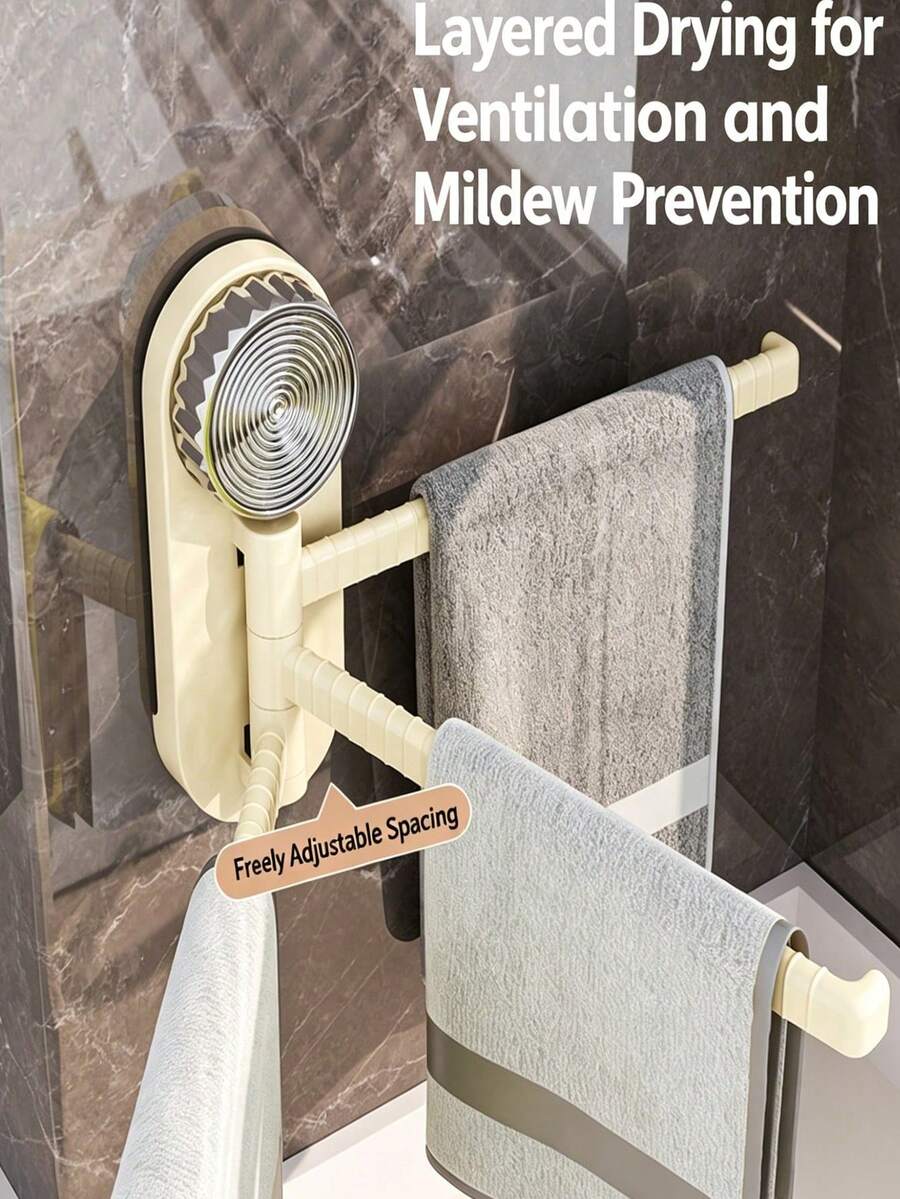 1pc Drill-Free Suction Cup Rotating Towel Rack, Damage-Free Wall Installation Hook, Kitchen Bathroom Multi-Hook Storage Organizer, Strong Load-Bearing, Easy To Install And Remove, No Glue Residue, Suitable For Towels, Rags, Bath Sponges, Cleaning Brushes And Other Items, Home Storage For Renters